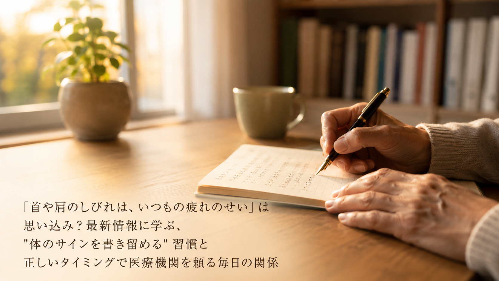 夕方の書斎で、窓辺の机に置いたノートに万年筆で何かを書き留めている手元のクローズアップ